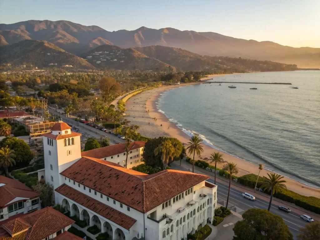 "Aerial view of Santa Barbara's coastline at sunset with Spanish Colonial architecture, Santa Barbara Courthouse, Stearns Wharf, and dolphins in the Pacific Ocean, backdropped by Santa Ynez Mountains"