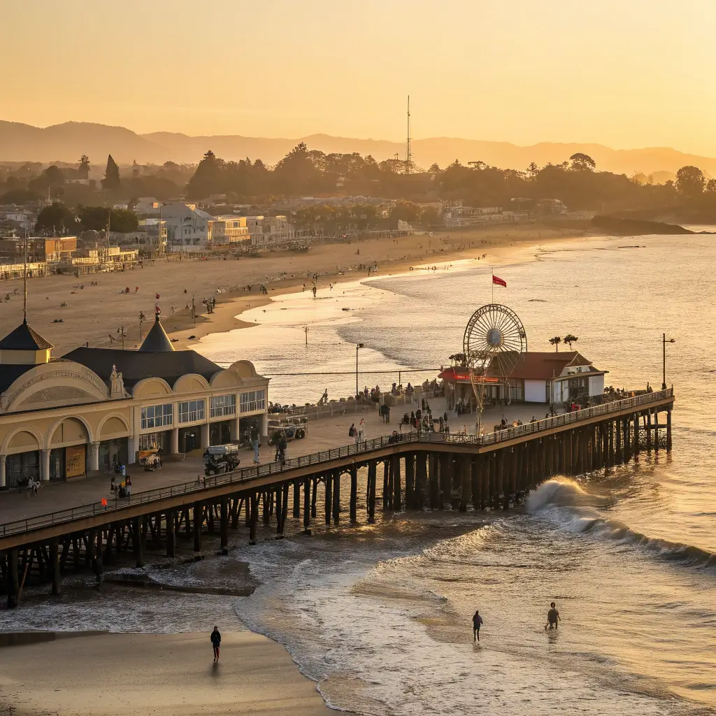 Santa Cruz Beach Boardwalk at sunset with vintage pier, arcade buildings, ocean waves and silhouettes of people strolling
