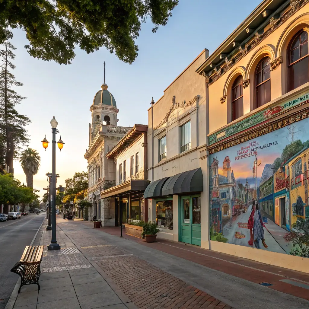 Downtown Santa Cruz with vintage buildings, street art murals, and interesting shadows cast by morning light