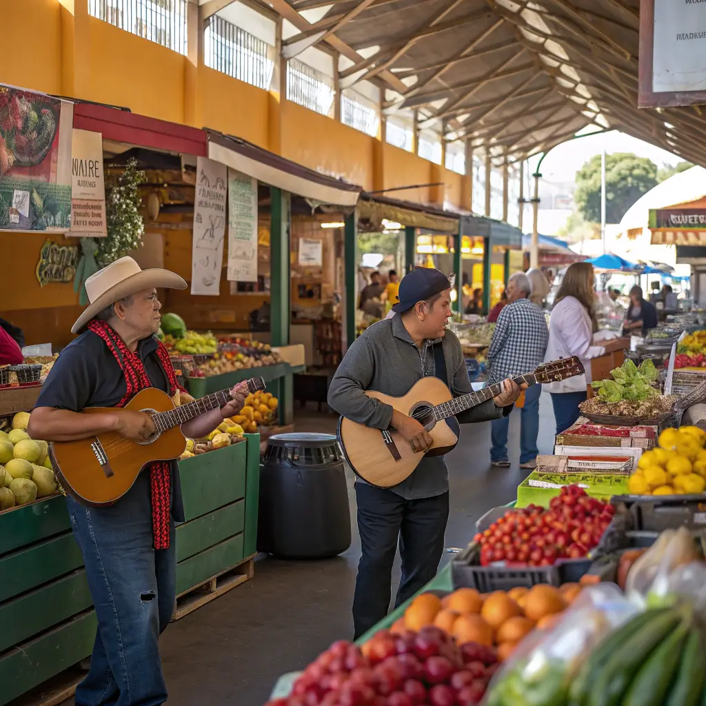 Bustling Santa Cruz farmer's market scene with colorful produce stalls, local musicians playing guitar, and community members sampling fresh foods in bright natural light