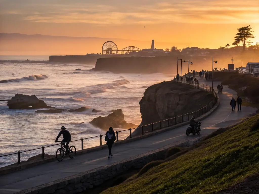 "Sunset panorama of West Cliff Drive, Santa Cruz, with silhouettes of pedestrians, dramatic cliffs, Pacific Ocean waves, Santa Cruz Beach Boardwalk, Natural Bridges State Beach arch, sea lions, and surfers, in warm orange and purple hues"