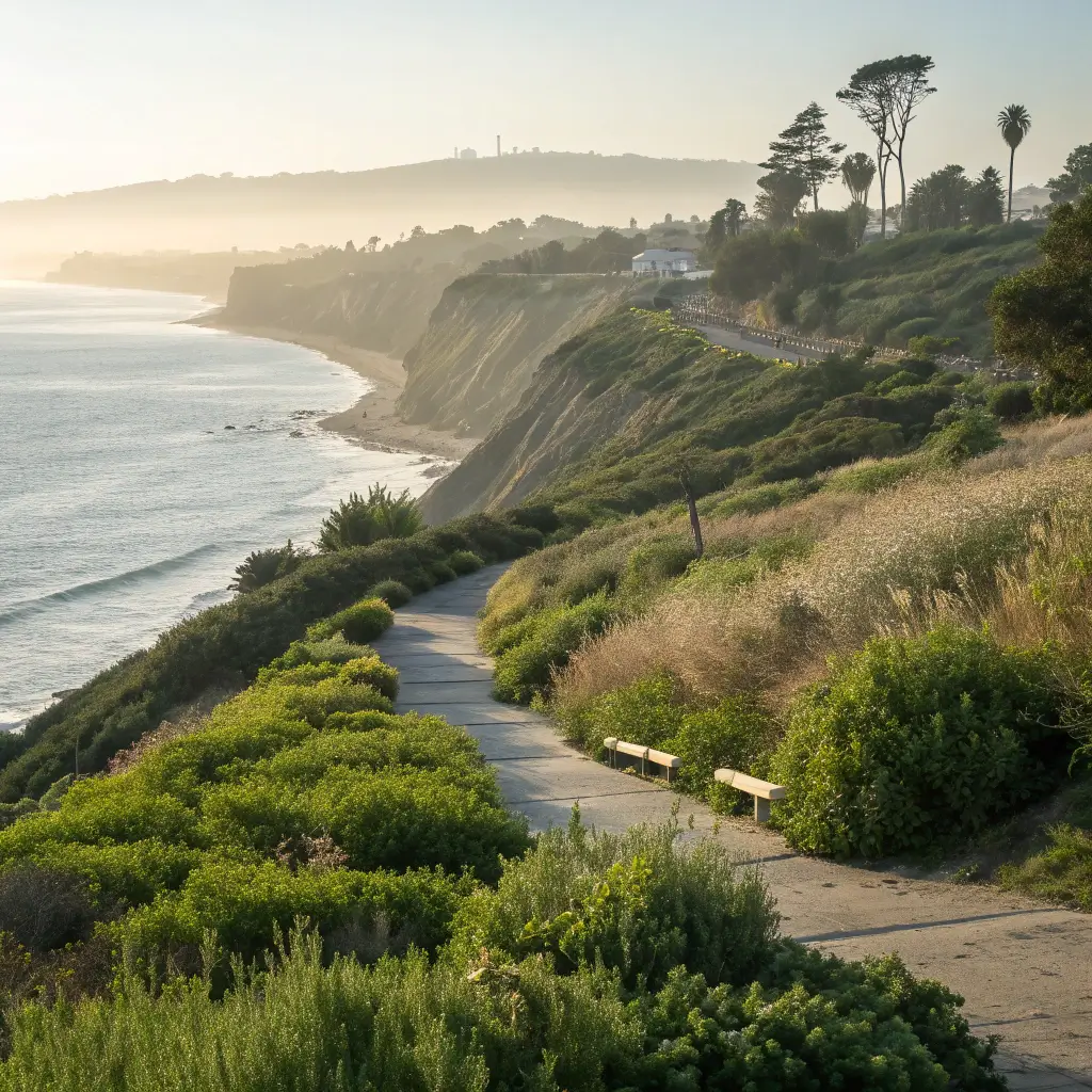Palisades Park walking path with panoramic ocean views, native coastal vegetation, and bluff highlighted by soft morning light