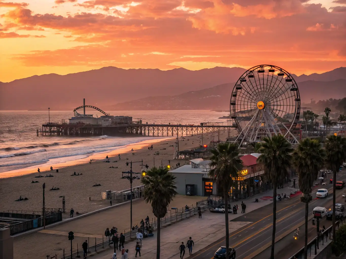 Sunset at Santa Monica Pier with silhouetted street performers, vintage carousel in soft focus, embodying nostalgic California vibes