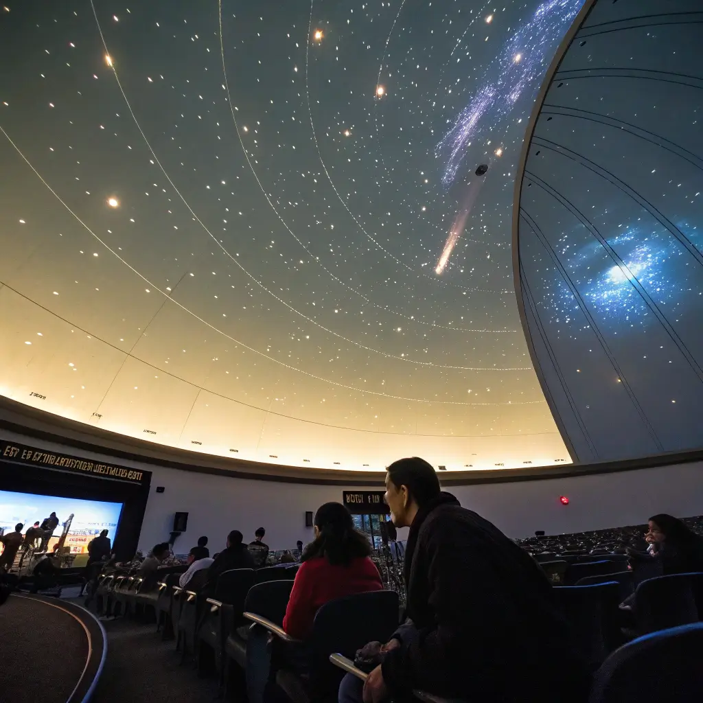 Visitors seated under the dome ceiling of Santa Monica Community College planetarium, lit softly with starry projections
