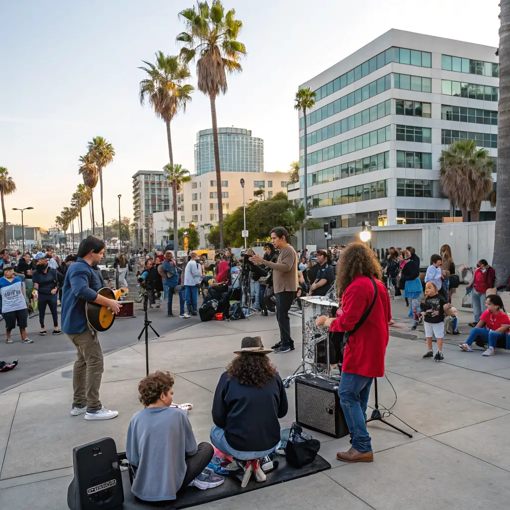 Musicians performing at a spontaneous street event in Santa Monica, with engaged crowd and city architecture backdrop, portraying the lively community spirit.