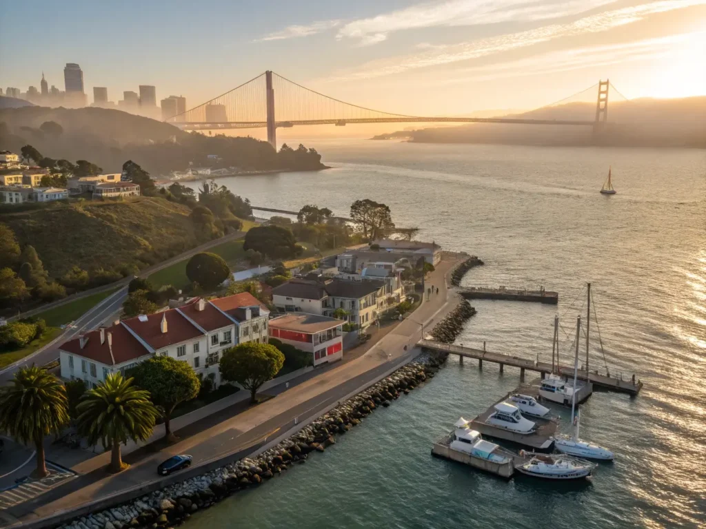 "Aerial sunset view of Sausalito featuring the colorful houseboats, Golden Gate Bridge covered in fog, San Francisco skyline, sailboats in the bay, Bridgeway Promenade, and Mediterranean-style hillside buildings."