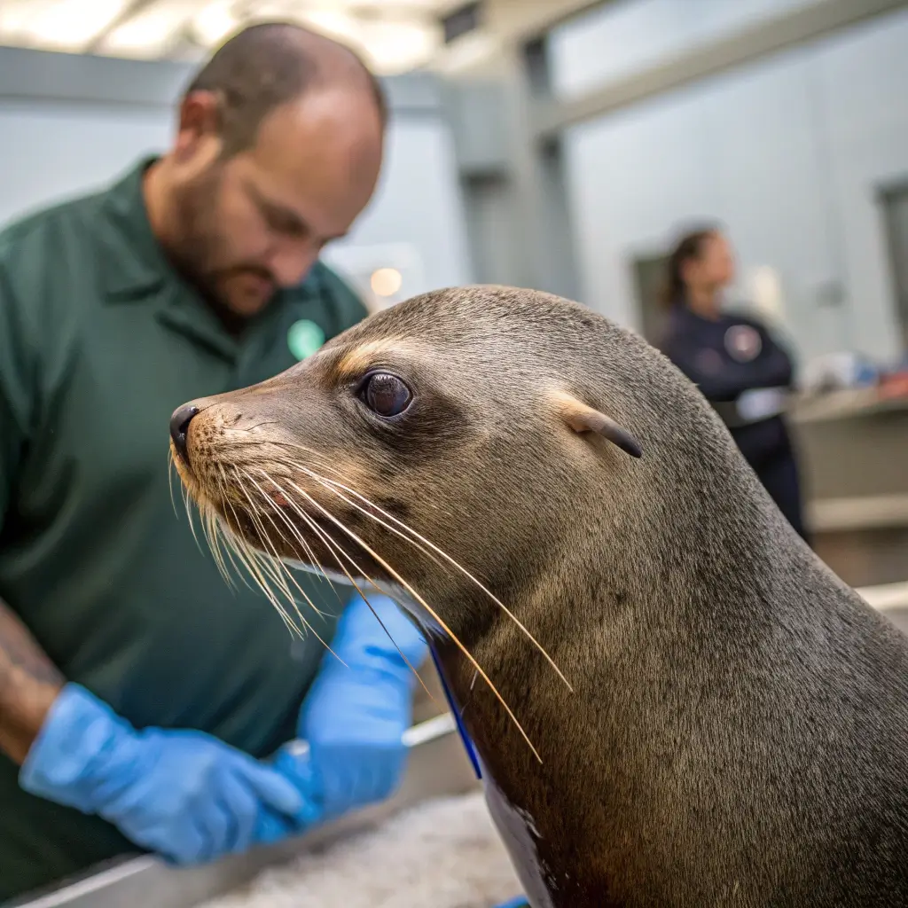Close-up image of a rehabilitating sea lion expressing its texture and emotions at the Marine Mammal Center under soft natural light, with a blurred background of the professional care environment