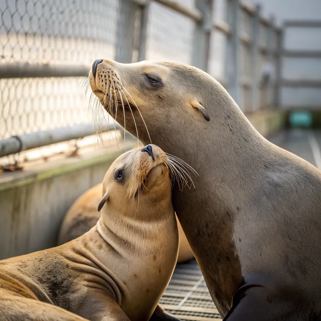 Rescued sea lions displaying individual personalities at the Pacific Marine Mammal Center, bathed in soft natural light