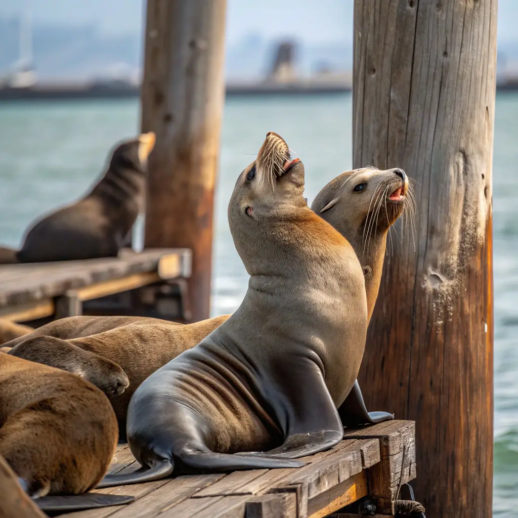 Close-up of sea lions resting on Santa Cruz Wharf pier supports, ocean blurred in the background