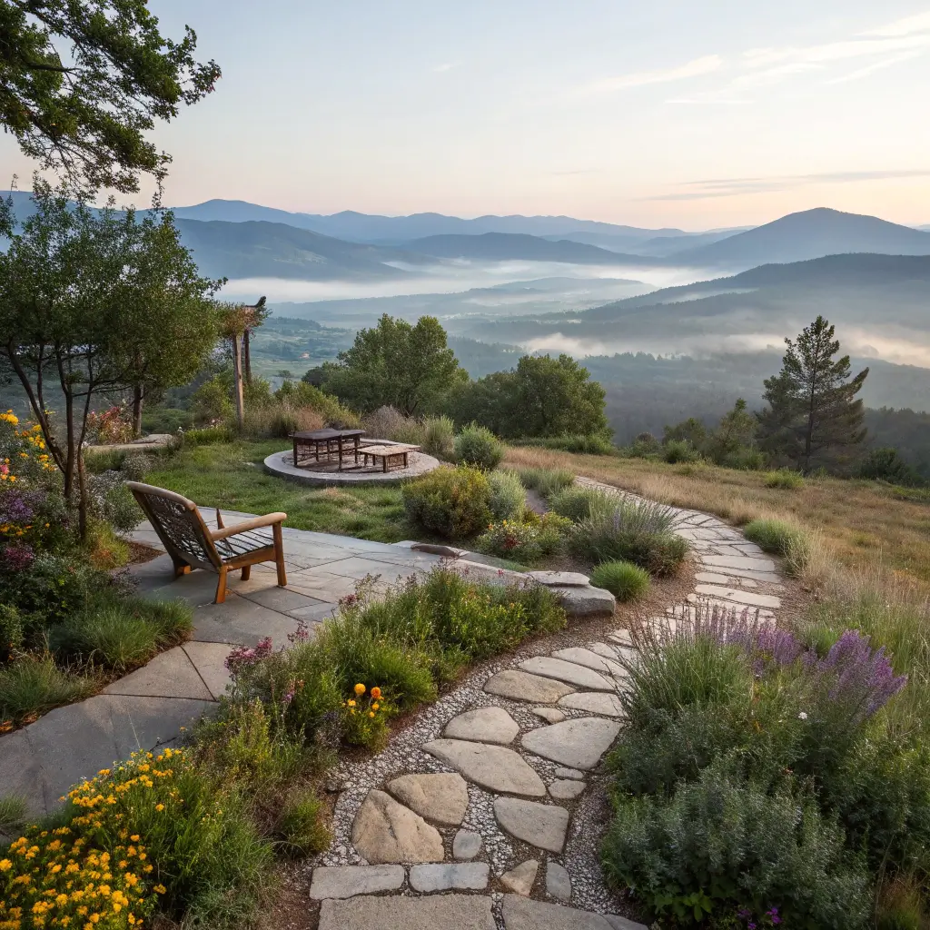 Meditation garden with stone pathways and seating areas overlooking a misty mountain valley with wildflowers