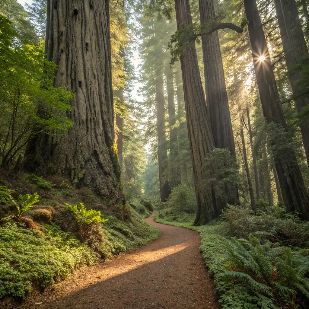 Sunlit hiking trail winding through a tranquil redwood forest with large tree trunks and green undergrowth, devoid of people.