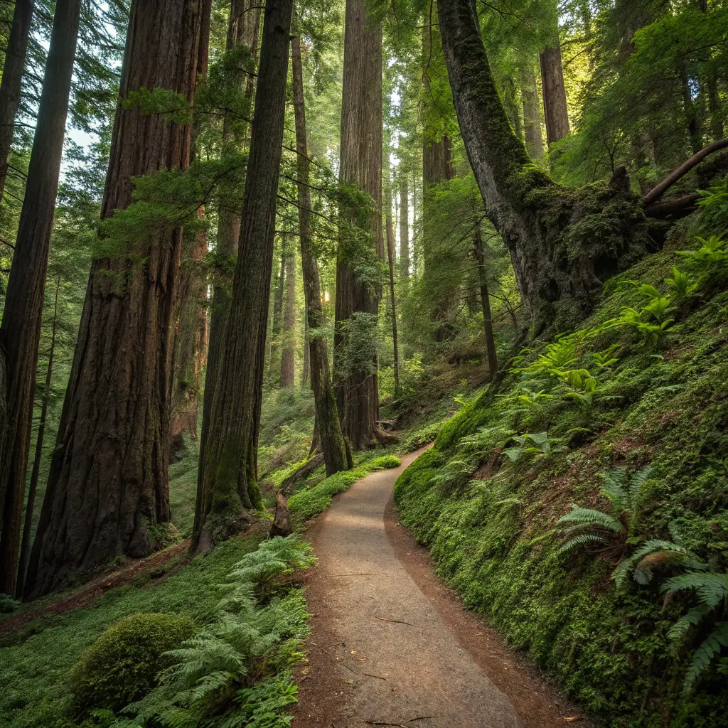 Tranquil hiking trail winding through a dense redwood forest in Trione-Annadel State Park, bathed in soft green light and showcasing a moss-covered floor, without any human presence.