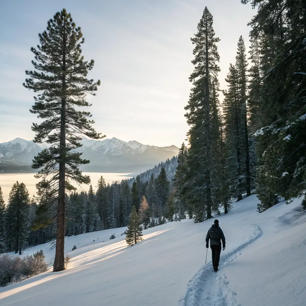 Lone hiker snowshoeing on untouched alpine trail in Lake Tahoe with pine trees and distant mountains in soft winter light