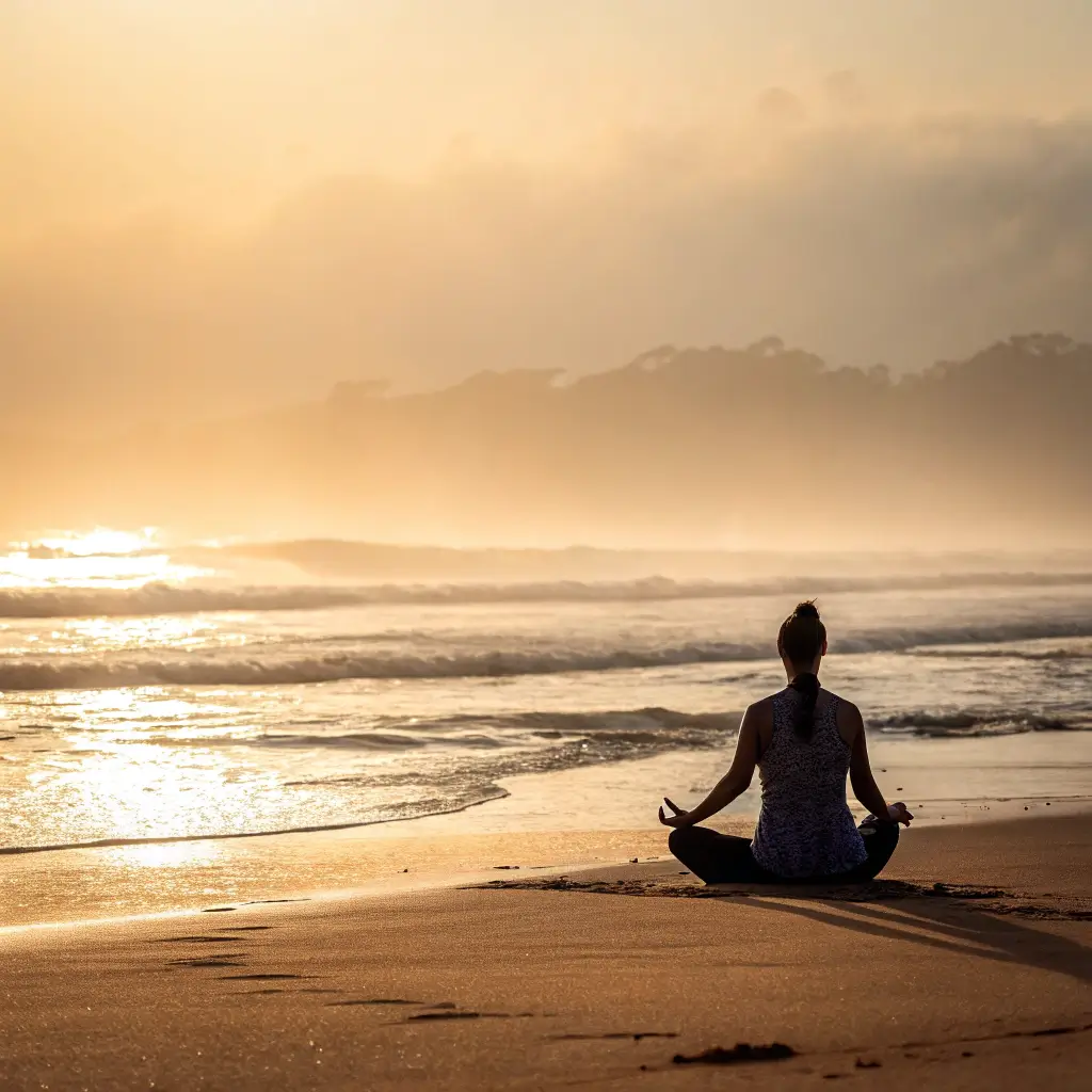 Lone yoga practitioner meditating on serene beach at sunrise with soft Pacific Ocean waves in background and misty morning light