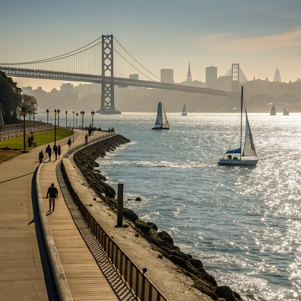Early morning view of Bridgeway Promenade with San Francisco skyline in the background, sailboats on bay, and detailed waterfront walkway