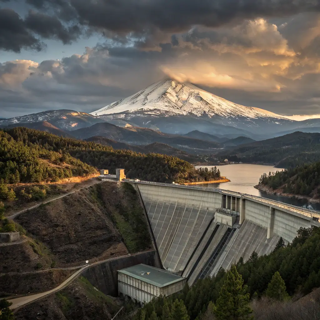 Shasta Dam at golden hour with Mount Shasta's snow-capped peak in the background under a dramatic cloud-filled sky