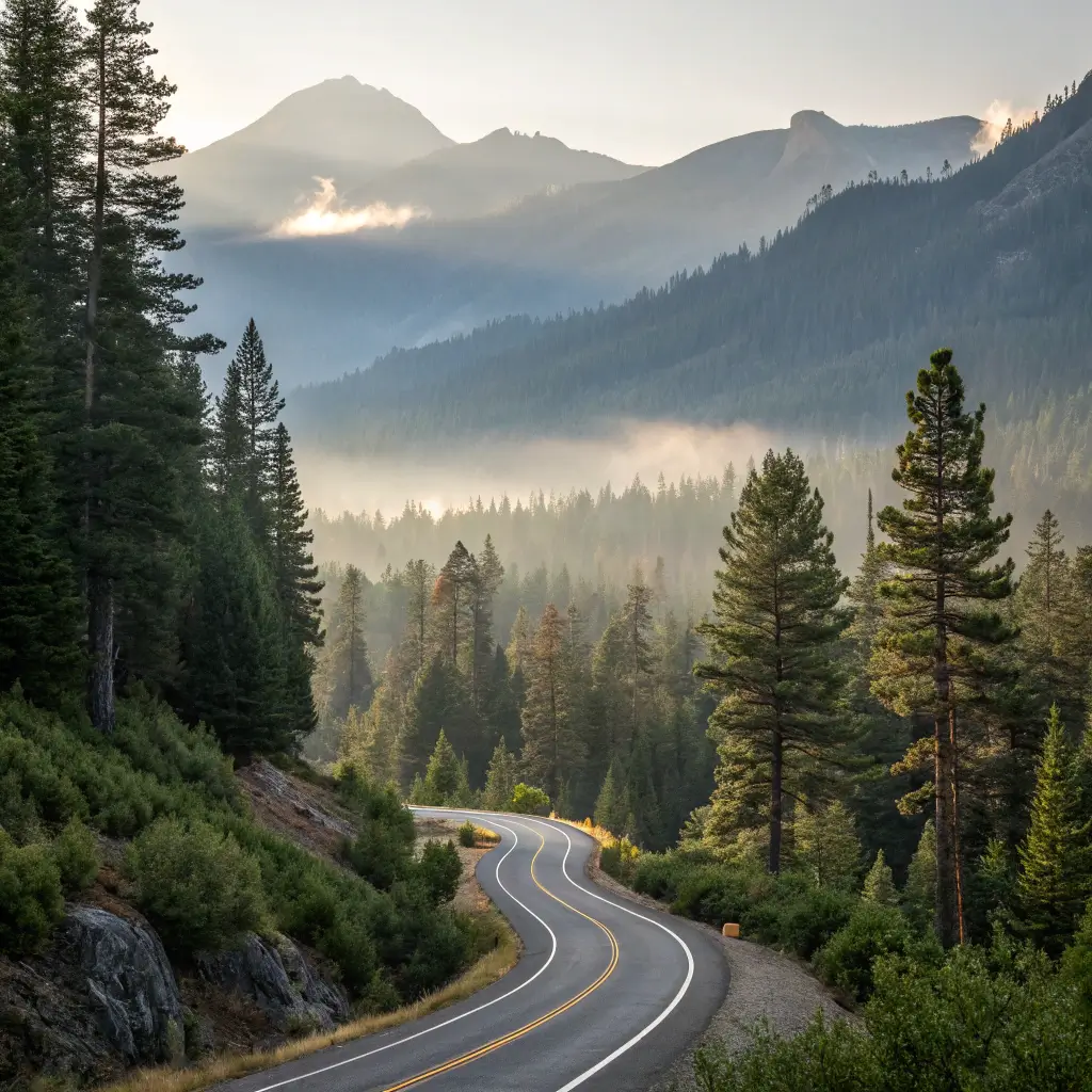 Exploring Redding's Hidden Treasures: Your Ultimate Free Adventure Guide Misty mountain road curving through dense evergreen forest in Shasta-Trinity National Forests with morning light filtering through trees