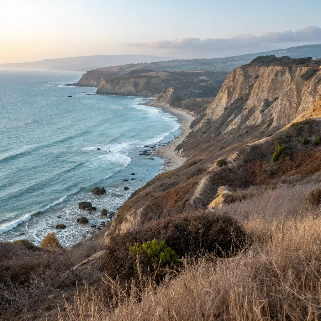 Dramatic landscape of Shell Beach Bluff Trails with rugged cliffs, blue ocean, morning light on rocky terrain, and coastal vegetation, with no people in sight