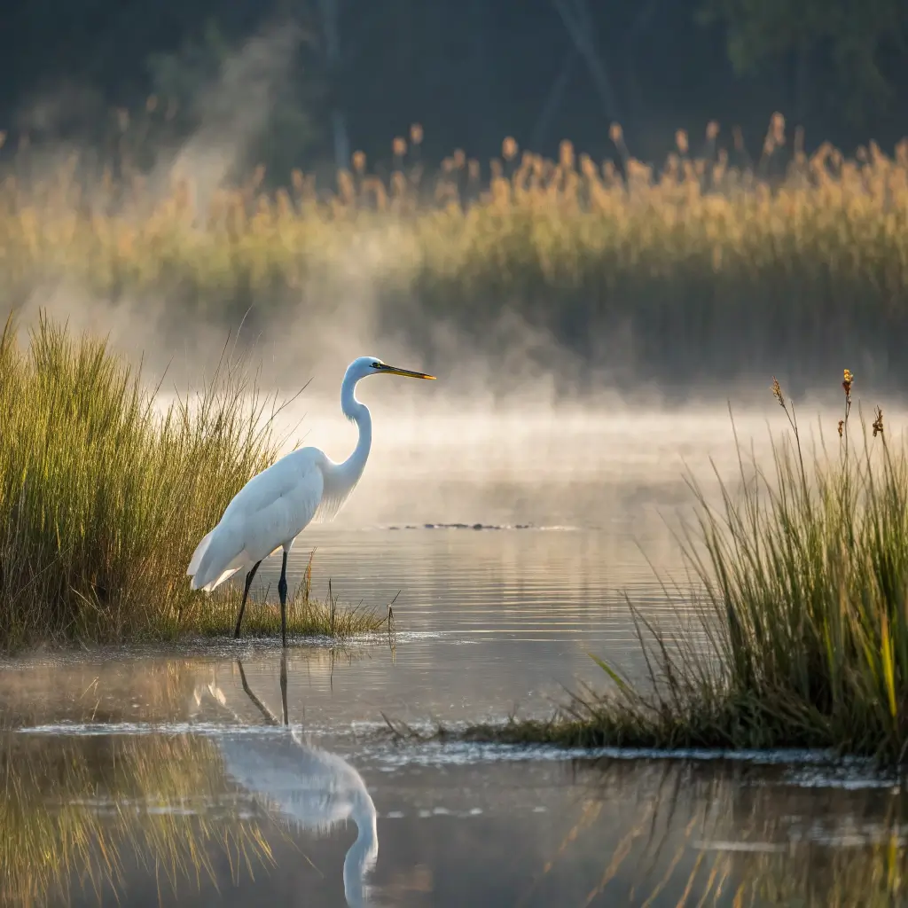 Free Things To Do in Petaluma: Your Ultimate Zero-Cost Adventure Guide! Great white egret standing in shallow water amidst morning mist at Shollenberger Park wetlands