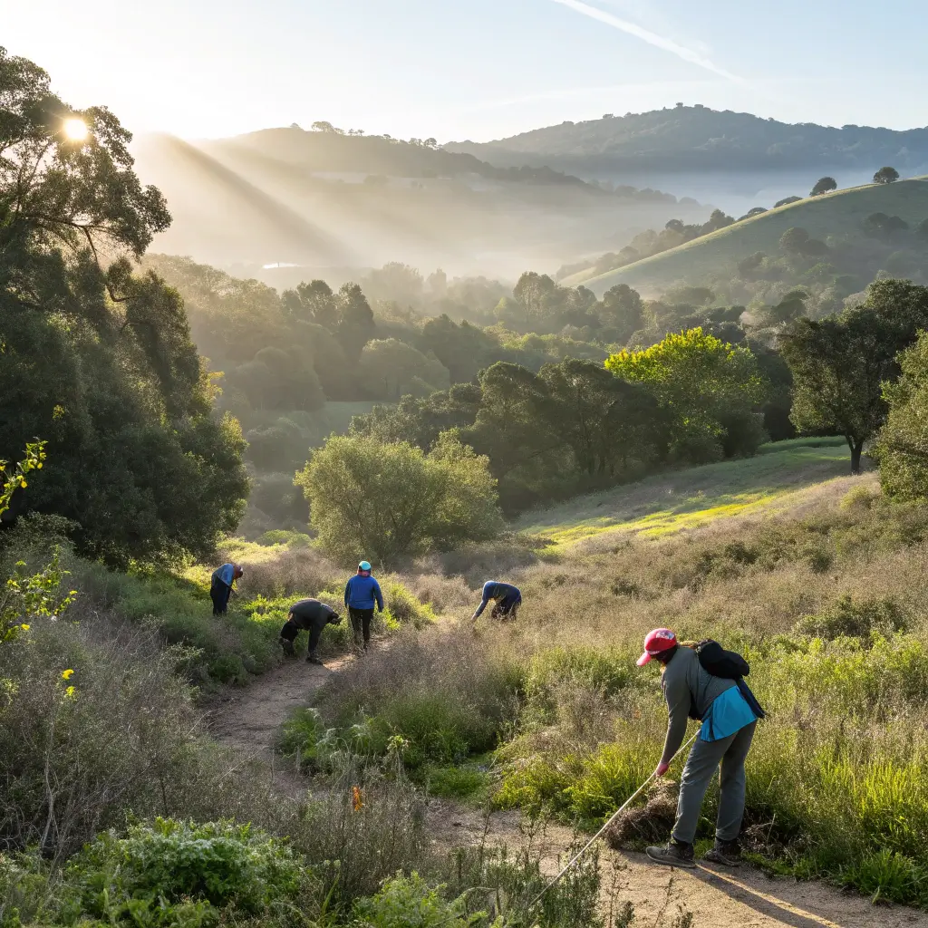 Free Things To Do in Petaluma: Your Ultimate Zero-Cost Adventure Guide! Volunteer group clearing hiking trails at Shollenberger Park, Sonoma County, amid morning sunlight filtering through native vegetation
