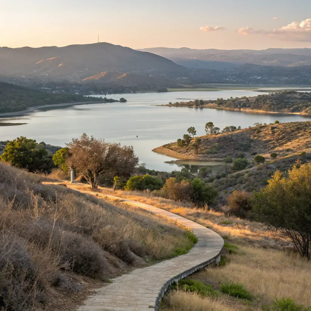 Golden hour at Lake Skinner with winding trail, expansive lake views, California hillside vegetation, and reflections on water