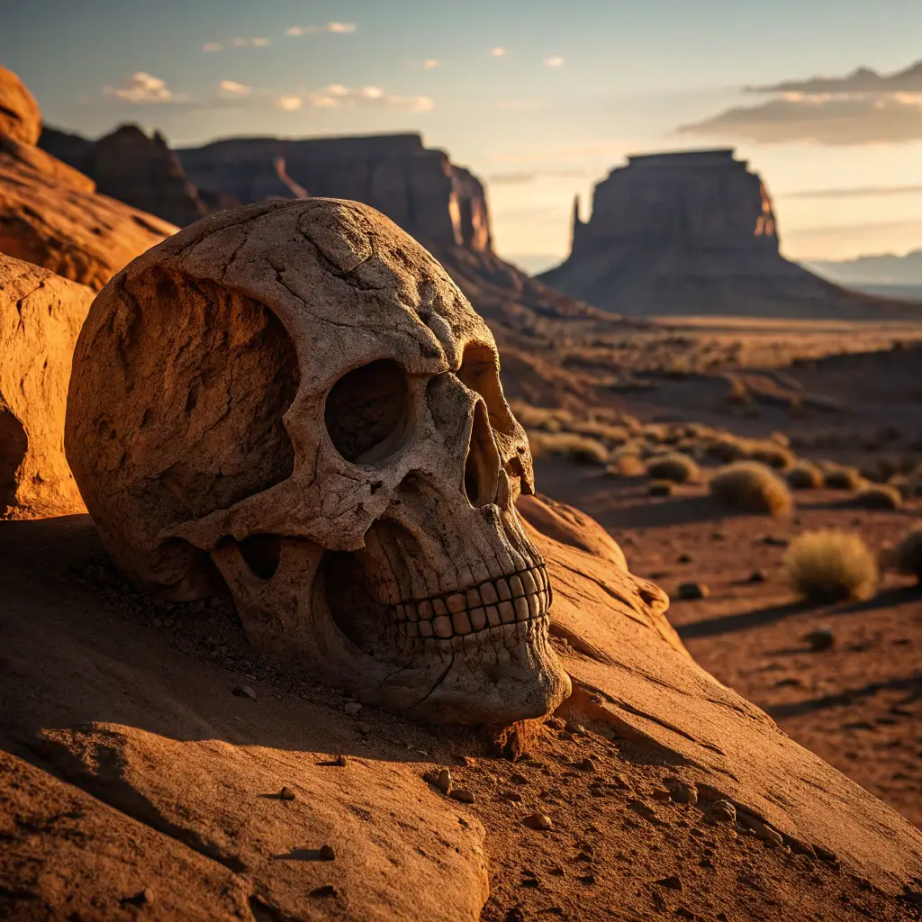 Close-up of Skull Rock at golden hour with long shadows on desert landscape, showcasing detailed geological features and contrasting textures
