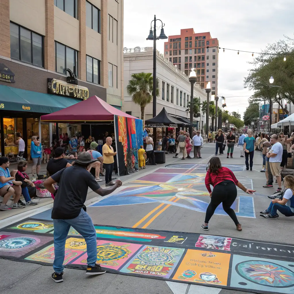 Diverse street performers and artists entertaining crowds during the SoFA District Art Walk, surrounded by colorful murals and vibrant cultural atmosphere.