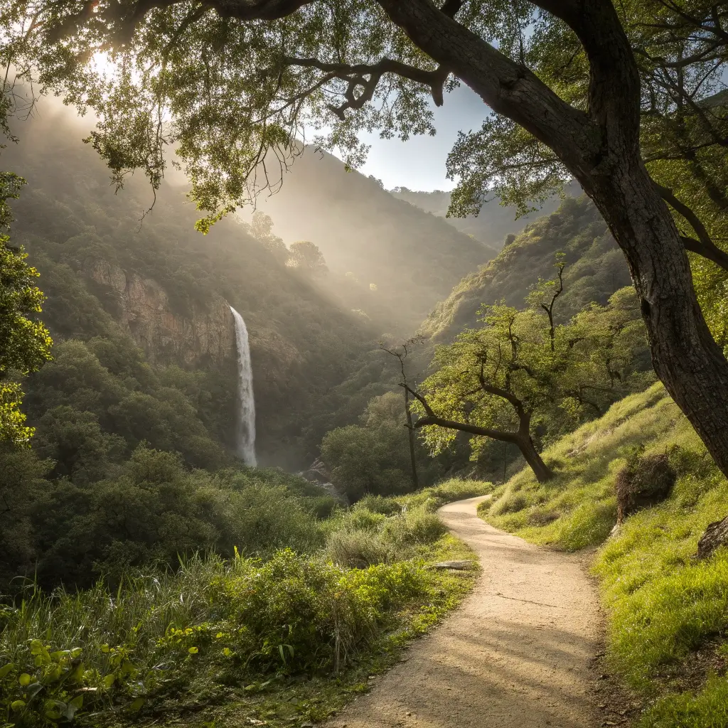 Winding hiking trail through lush green vegetation leading to a distant waterfall in Solstice Canyon under filtered sunlight