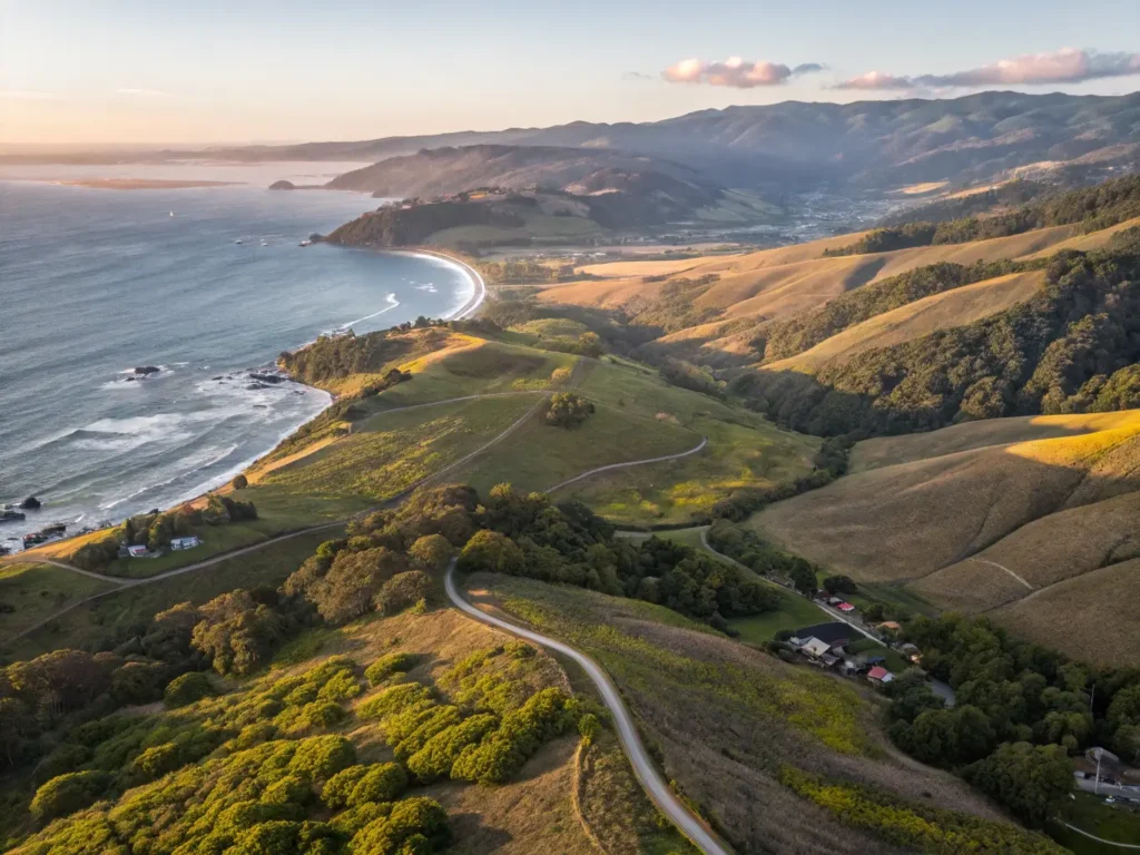 "Aerial view of Sonoma County at sunset showcasing vineyards, rugged coastline, hiking trails, redwood forests, and the Russian River, with hot air balloons in the distant sky, and community activities in a town square."