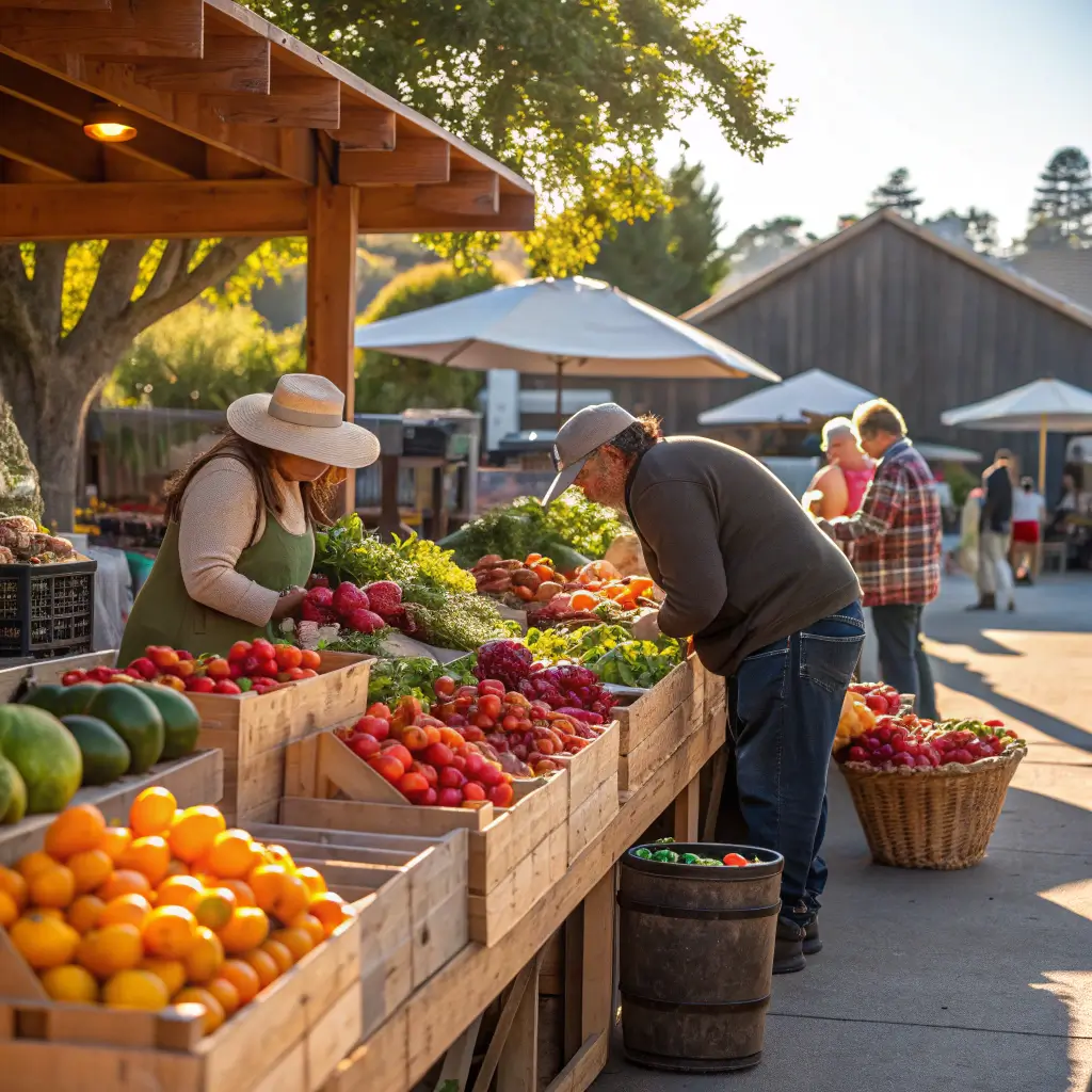 Vibrant farmers market in Sonoma displaying colorful fresh produce, with local vendors arranging seasonal fruits and vegetables in rustic wooden stalls, under warm sunlight.