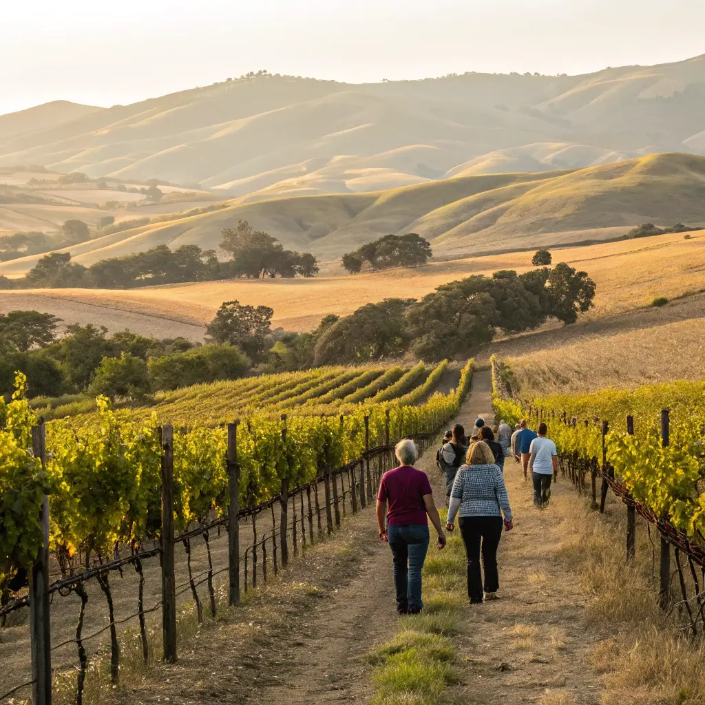 Free Things To Do in Petaluma: Your Ultimate Zero-Cost Adventure Guide! Groups of people strolling through a picturesque Sonoma County vineyard with rolling golden hills in the background under soft, diffused sunlight