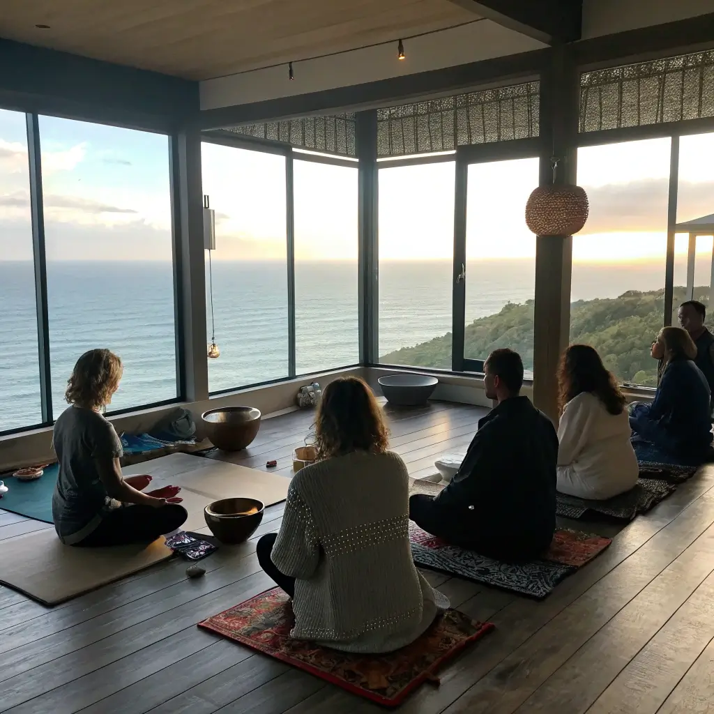 Participants engaging in a peaceful sound bath meditation session at Kavahana, near large oceanside windows allowing soft natural light in