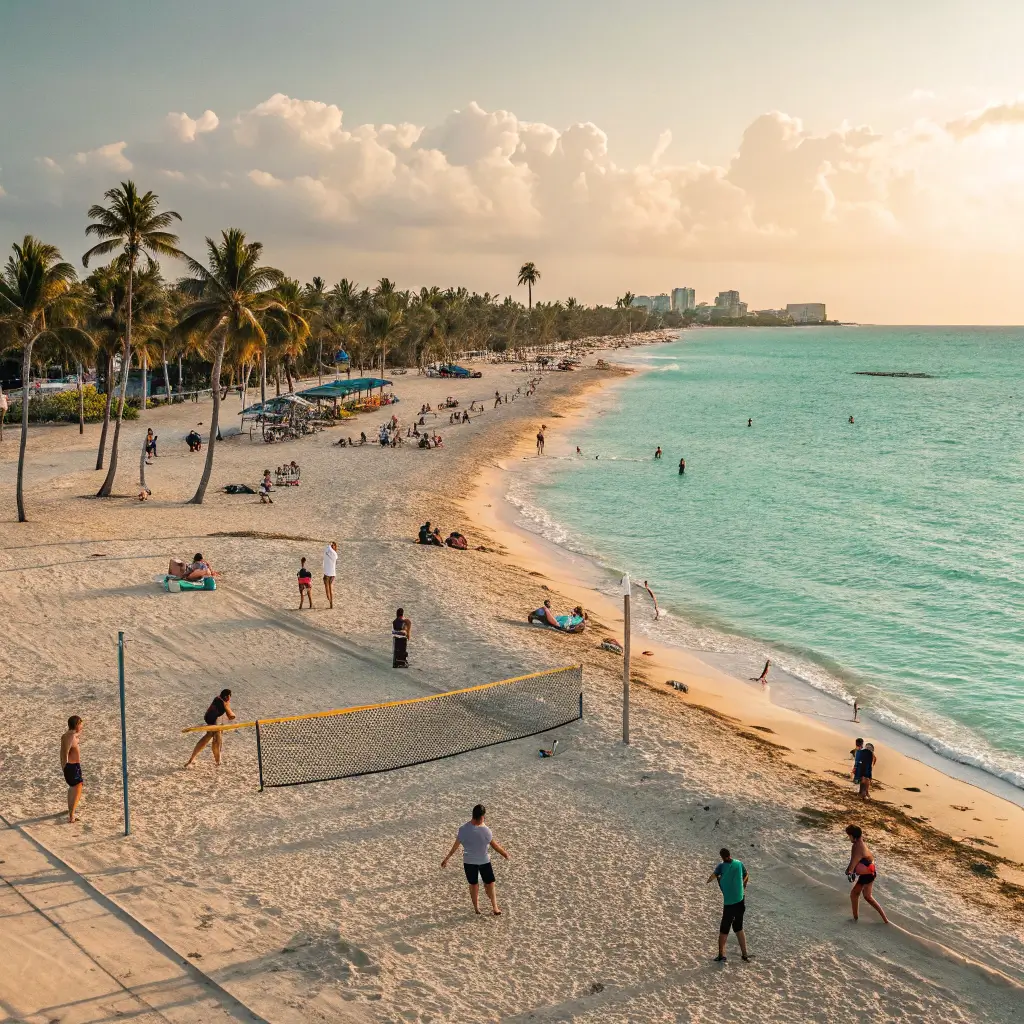 Hidden Paradise: 17 Mind-Blowing Free Adventures in Avalon You Can't Miss People playing volleyball and sunbathing on South Beach with clear turquoise water and golden sand in afternoon light.