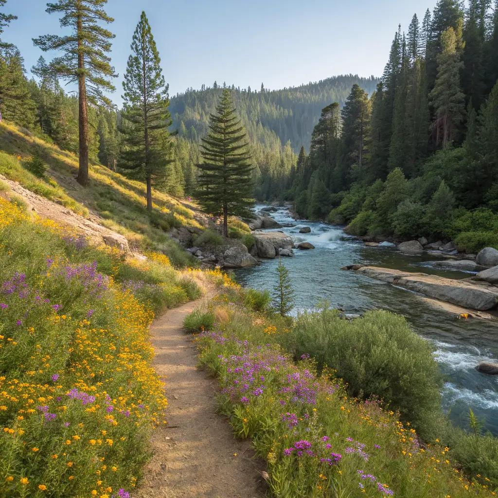 Scenic hiking trail in South Yuba River State Park displaying wildflowers, a crystal-clear mountain stream, a lush pine forest, and mid-morning sunlight filtering through trees with no people in sight
