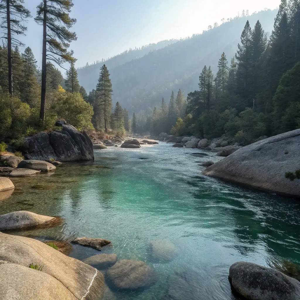17 Jaw-Dropping Free Adventures in Grass Valley That Will Blow Your Mind Serene riverside scene at South Yuba River with clear turquoise water flowing between granite boulders, pine forest and soft sunlight, perfect for natural swimming and relaxation with no people visible