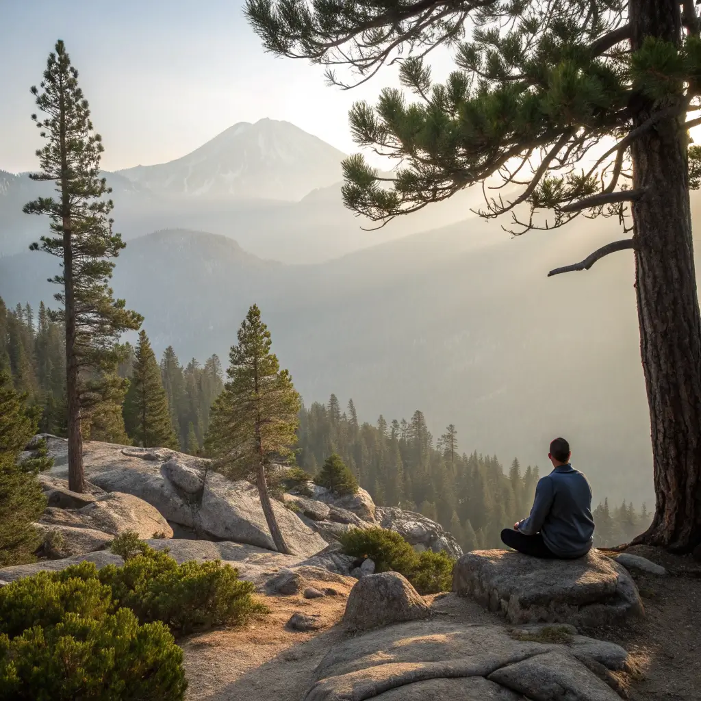 Meditating figure on rocky trail surrounded by ancient pines with Mount Shasta in the background, bathed in soft morning light