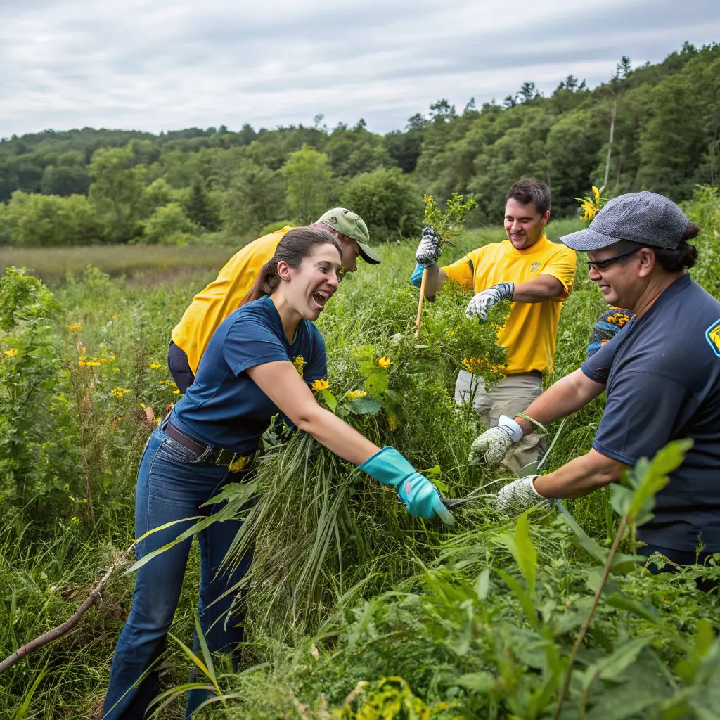 Volunteers removing invasive plants at Sue-meg State Park, surrounded by lush green forest landscape