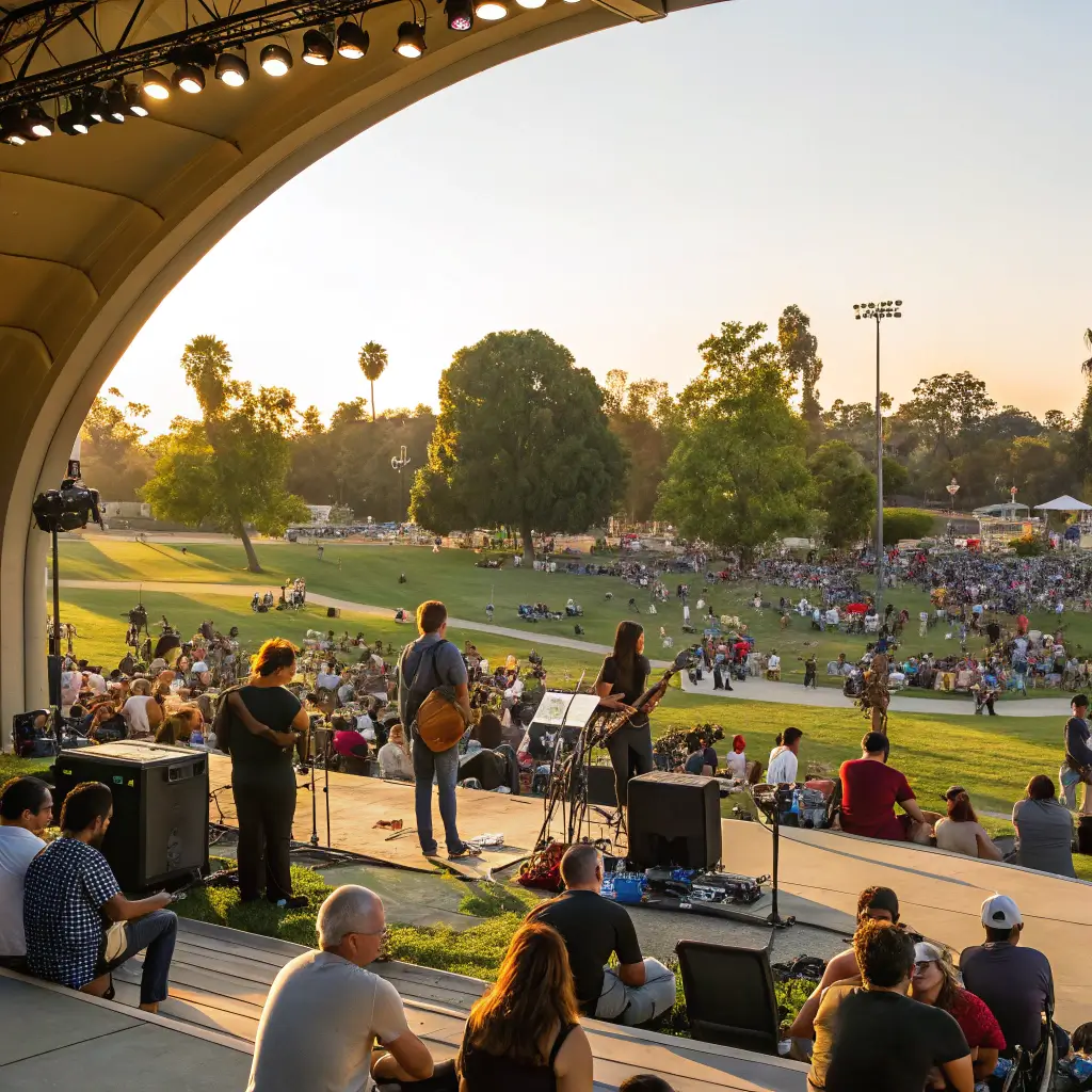 Diverse crowd enjoying a live outdoor summer concert at Exposition Park during golden hour, with musicians performing on stage