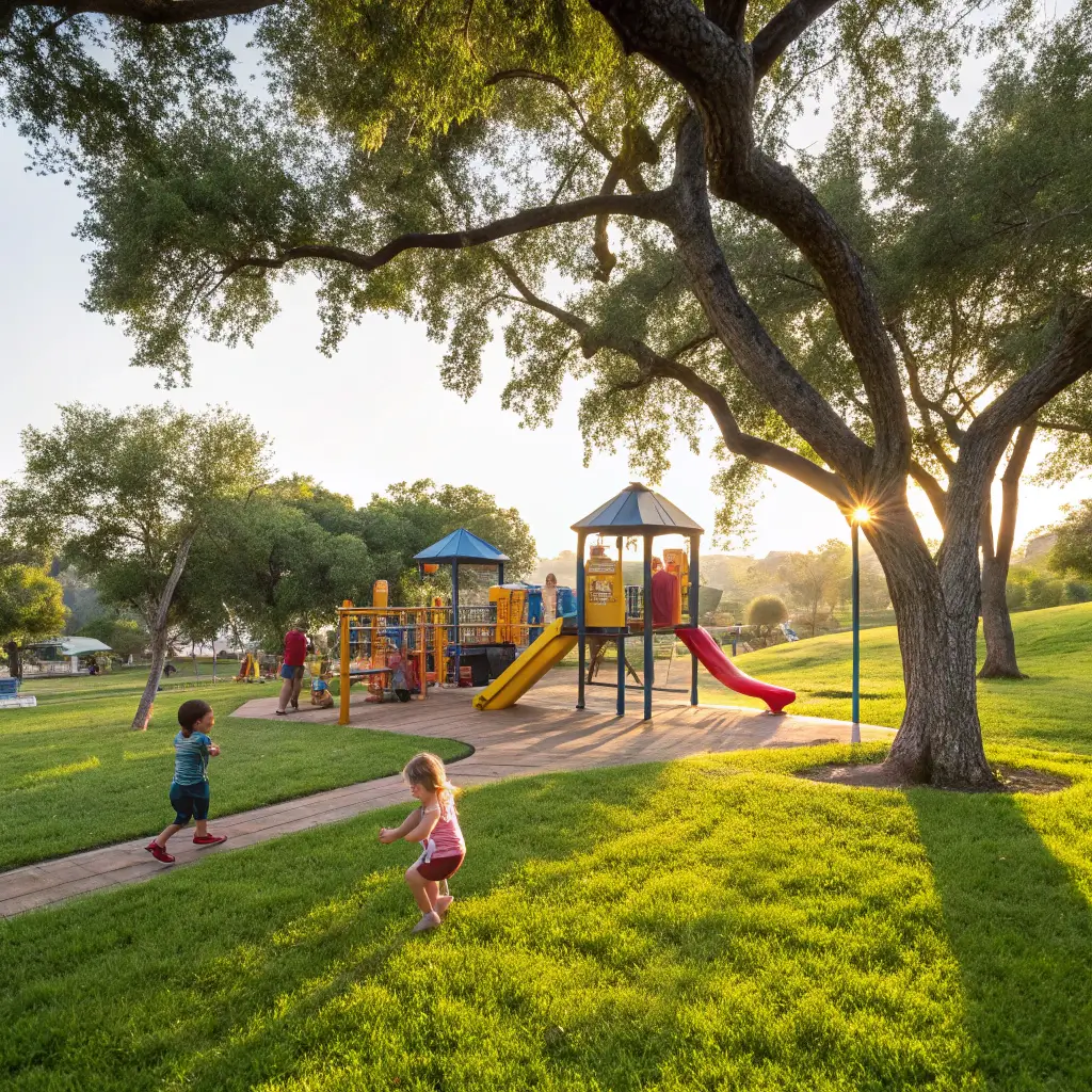Chico's Hidden Treasure Trove: Incredible Free Adventures That'll Blow Your Mind! Children playing on a colorful playground surrounded by mature shade trees and lush green grass in a sunny summer afternoon