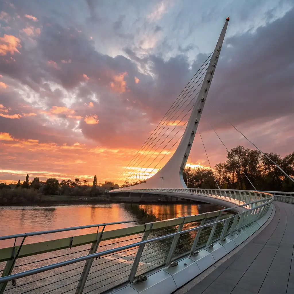 Exploring Redding's Hidden Treasures: Your Ultimate Free Adventure Guide Sundial Bridge over Sacramento River at golden hour with highlighted architectural details and intricate shadows against a dramatic sky