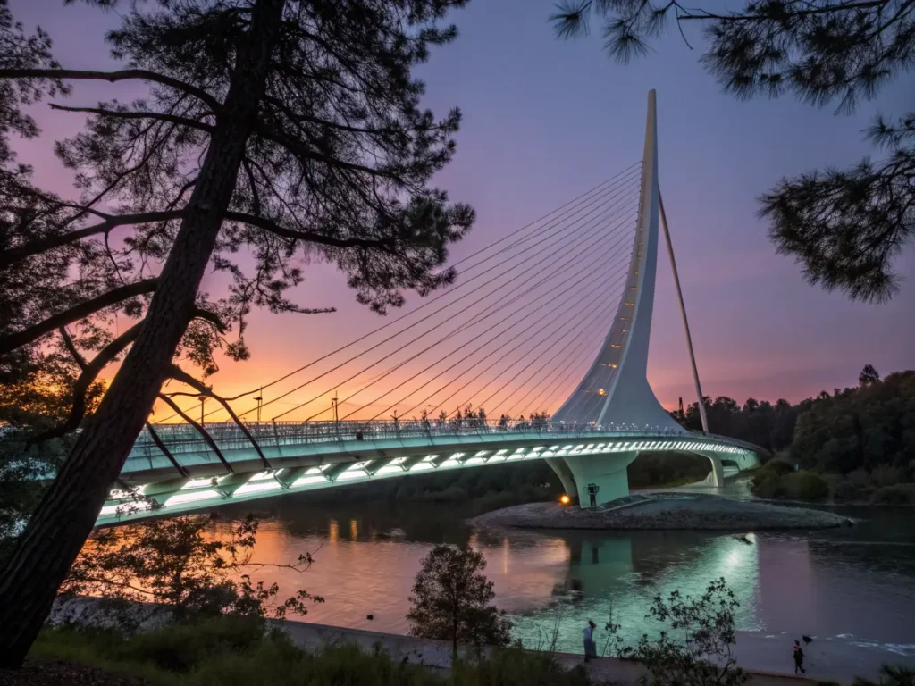 "Sundial Bridge illuminated at twilight in Redding, California, with reflections in the Sacramento River and Mount Shasta in the background."