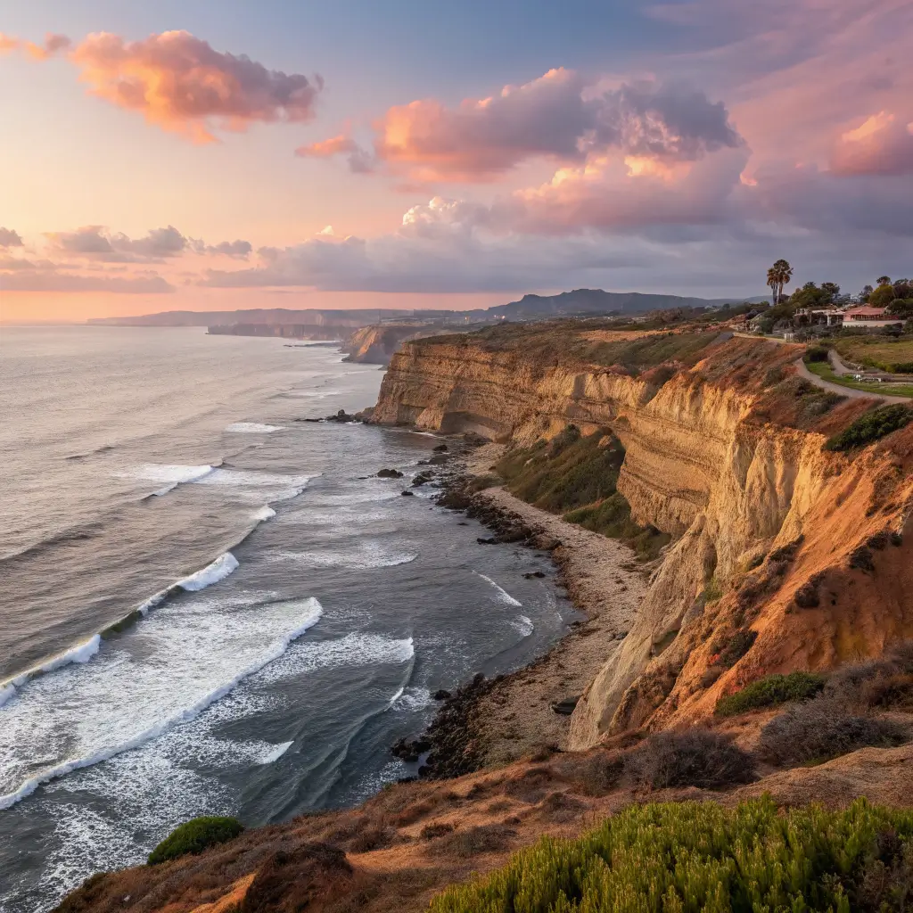 Panoramic view of Sunset Cliffs Natural Park during golden hour, showcasing dramatic coastal cliff formations, expansive Pacific Ocean, and a pastel-colored sky with a dramatic depth of field