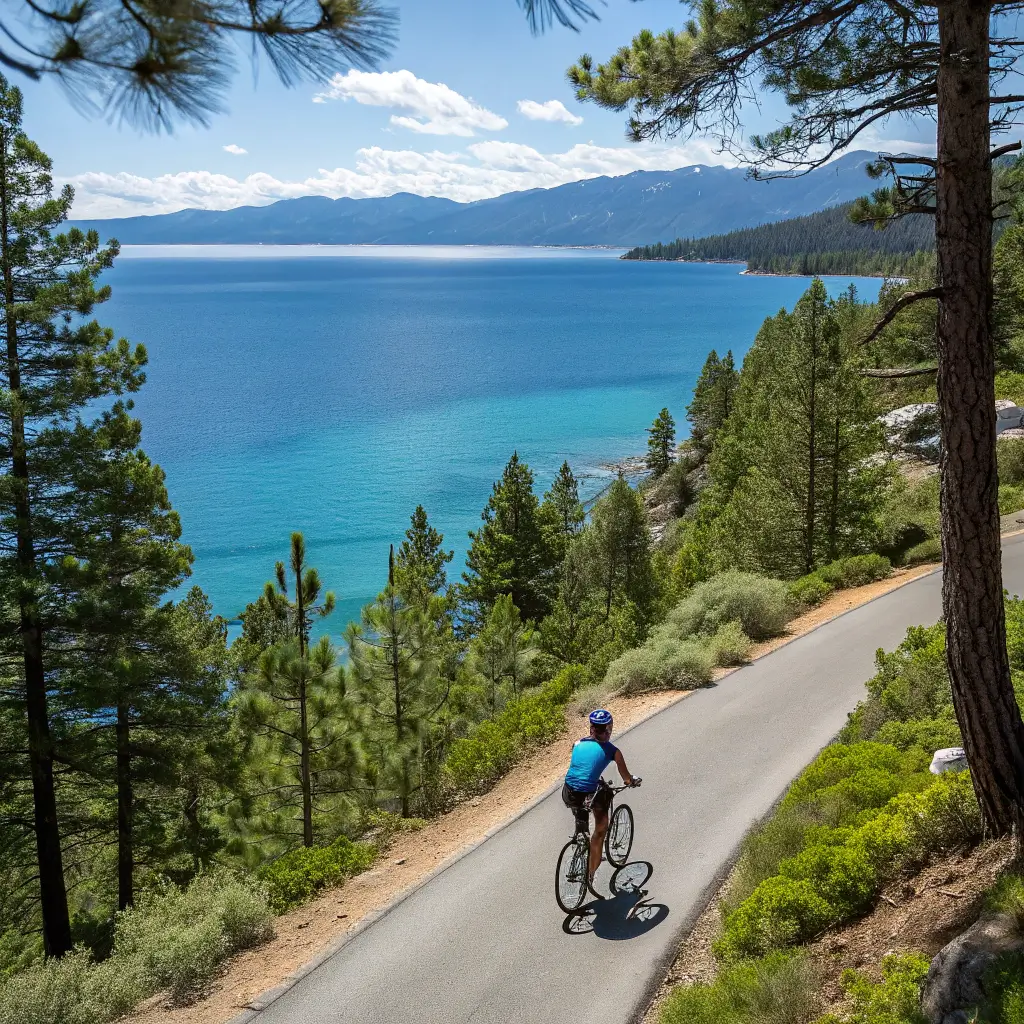 Cyclist riding on Tahoe East Shore Trail with view of blue Lake Tahoe waters and pine forests