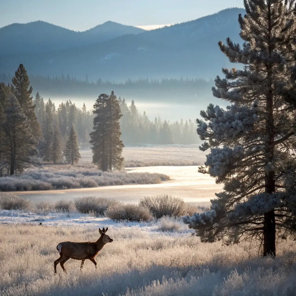 Solitary deer in a snowy meadow near Lake Tahoe, surrounded by frost-covered pine trees and distant mountain silhouettes in morning light