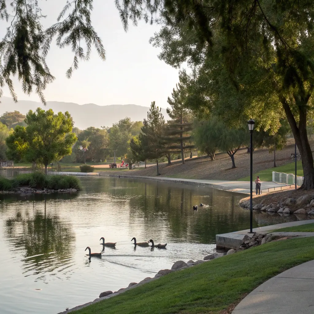 Ducks gliding on calm water at Temecula Duck Pond surrounded by lush greenery, morning light and empty walking paths