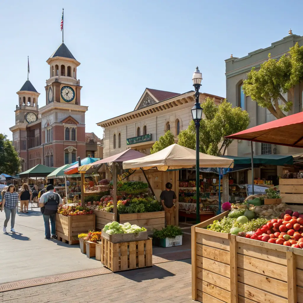 Bustling Saturday farmers market in Old Town Temecula with colorful produce displays, rustic wooden stalls, historic buildings in the background, and people interacting under warm sunlight.