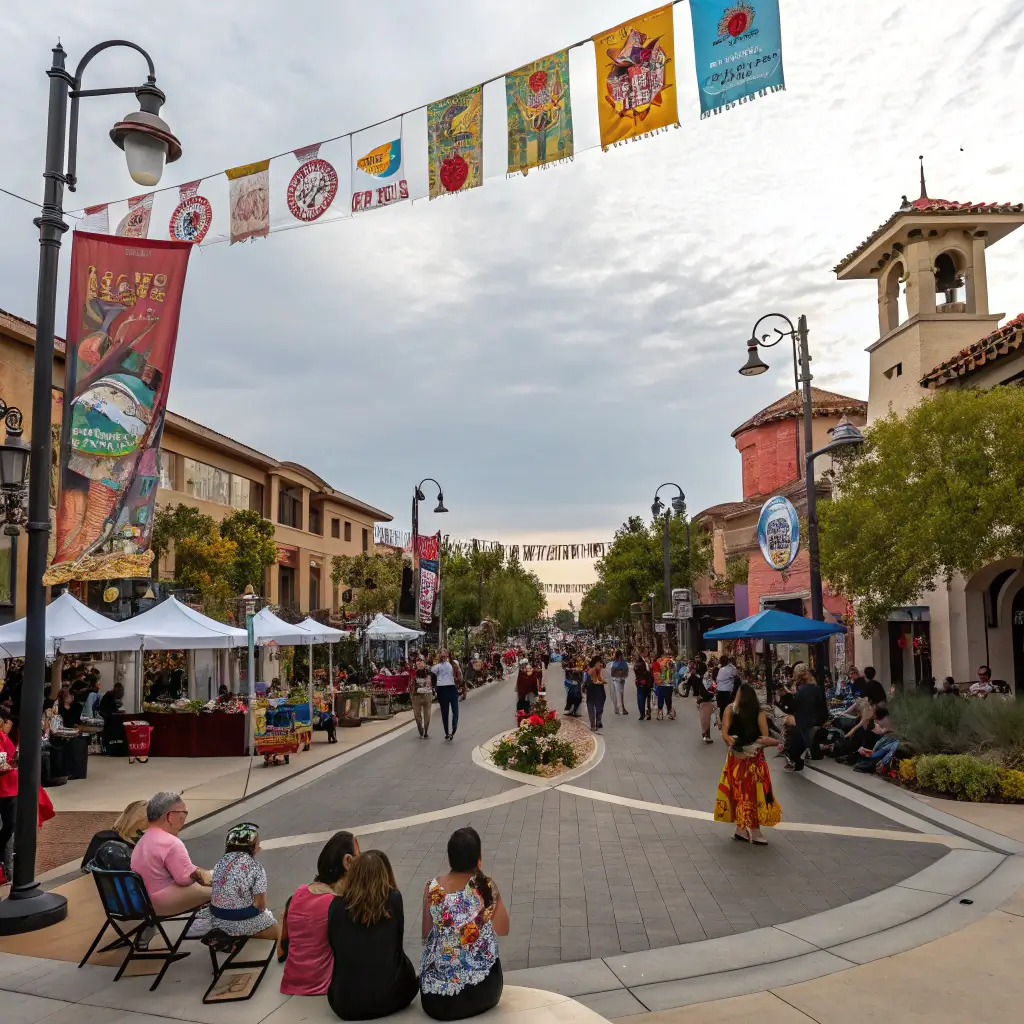 Panoramic view of a vibrant community festival in Temecula, with colorful street performances, diverse crowd enjoying public spaces, decorative banners and cultural elements, displaying the energy and inclusivity of the celebration.