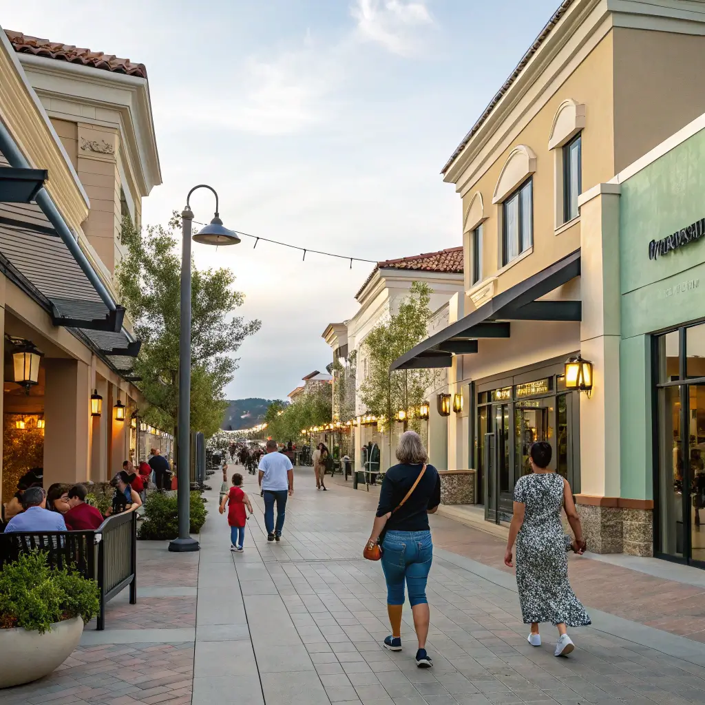 Diverse crowd casually strolling and window shopping in the vibrant open-air Promenade Temecula street scene with modern architecture under soft natural light
