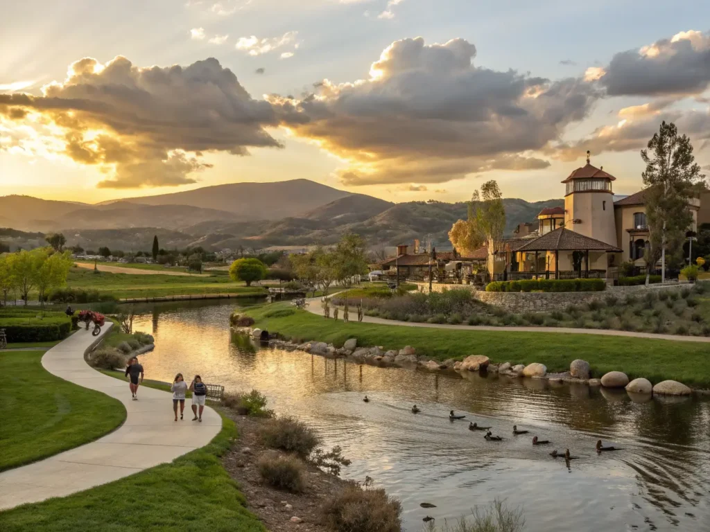 "Panoramic view of Temecula Valley at sunset, featuring ducks on Duck Pond, Old Town's historic buildings, Ricardo Breceda's metal sculptures, wine country's rolling hills, and Mount Palomar, with families enjoying outdoors and warm golden clouds in the sky."