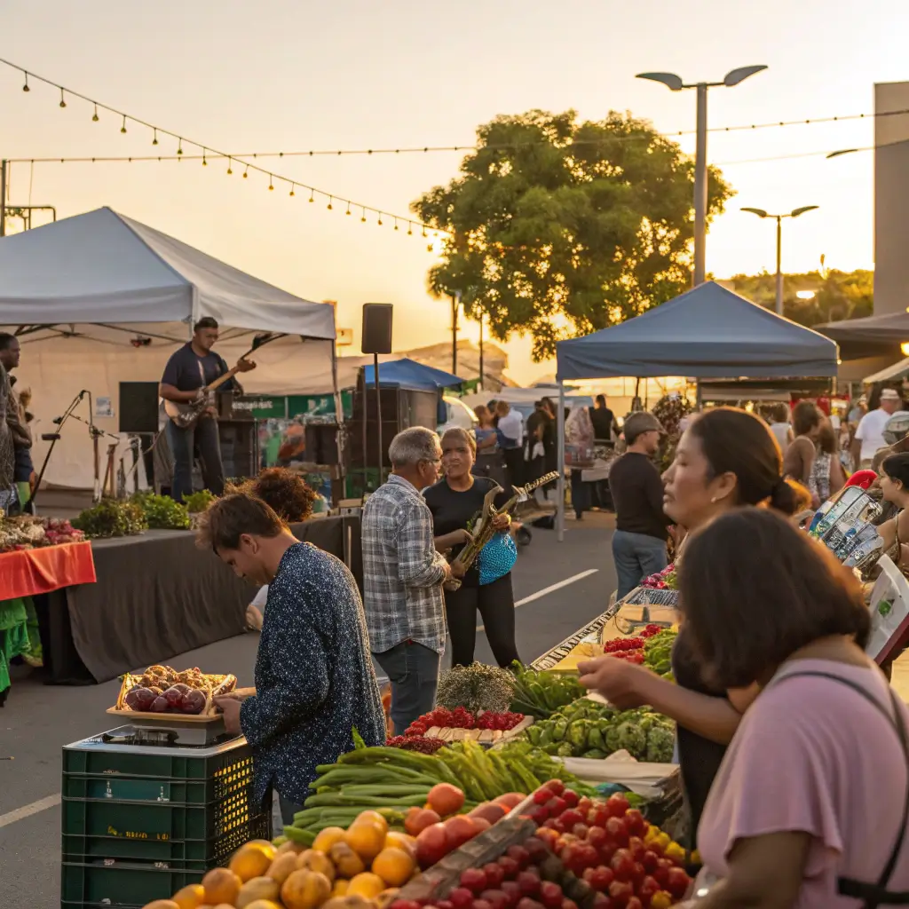 Chico's Hidden Treasure Trove: Incredible Free Adventures That'll Blow Your Mind! Local community attending Thursday Night Market with vendors selling fresh produce, people mingling, musicians performing, under warm golden hour light.